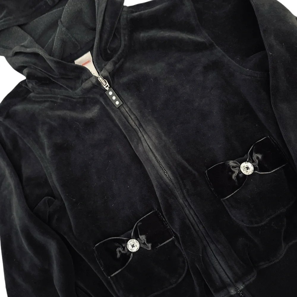 Gymboree Girls Black Velour Hoodie Bow Zip Up Sweatshirt 7